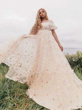 JessaKae Wendy Gown - Cream Maxi Gown with Gold & Silver Star Embellishments